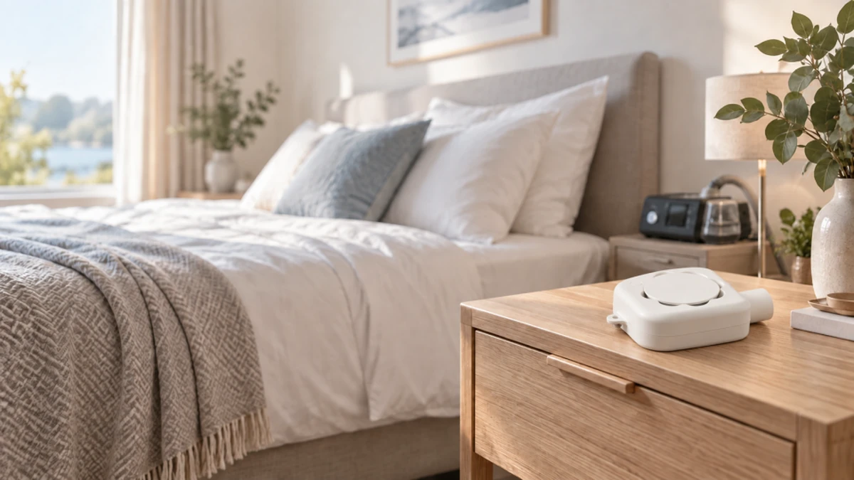 AirDry su un comodino con attrezzatura CPAP sullo sfondo