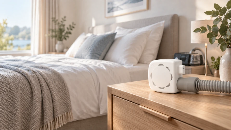 Witte AirDry met aangesloten CPAP-slang op een houten nachtkastje