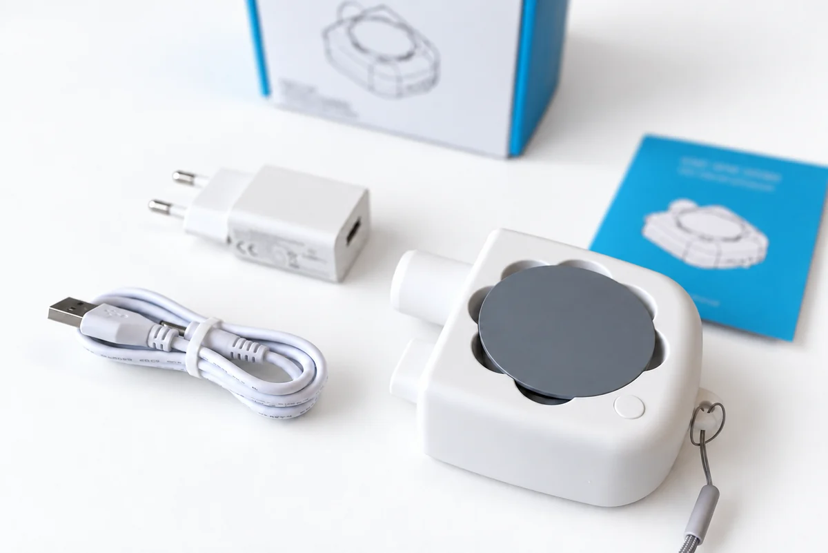 AirDry met USB-kabel en EU-voedingsadapter; productdocumentatie op de achtergrond