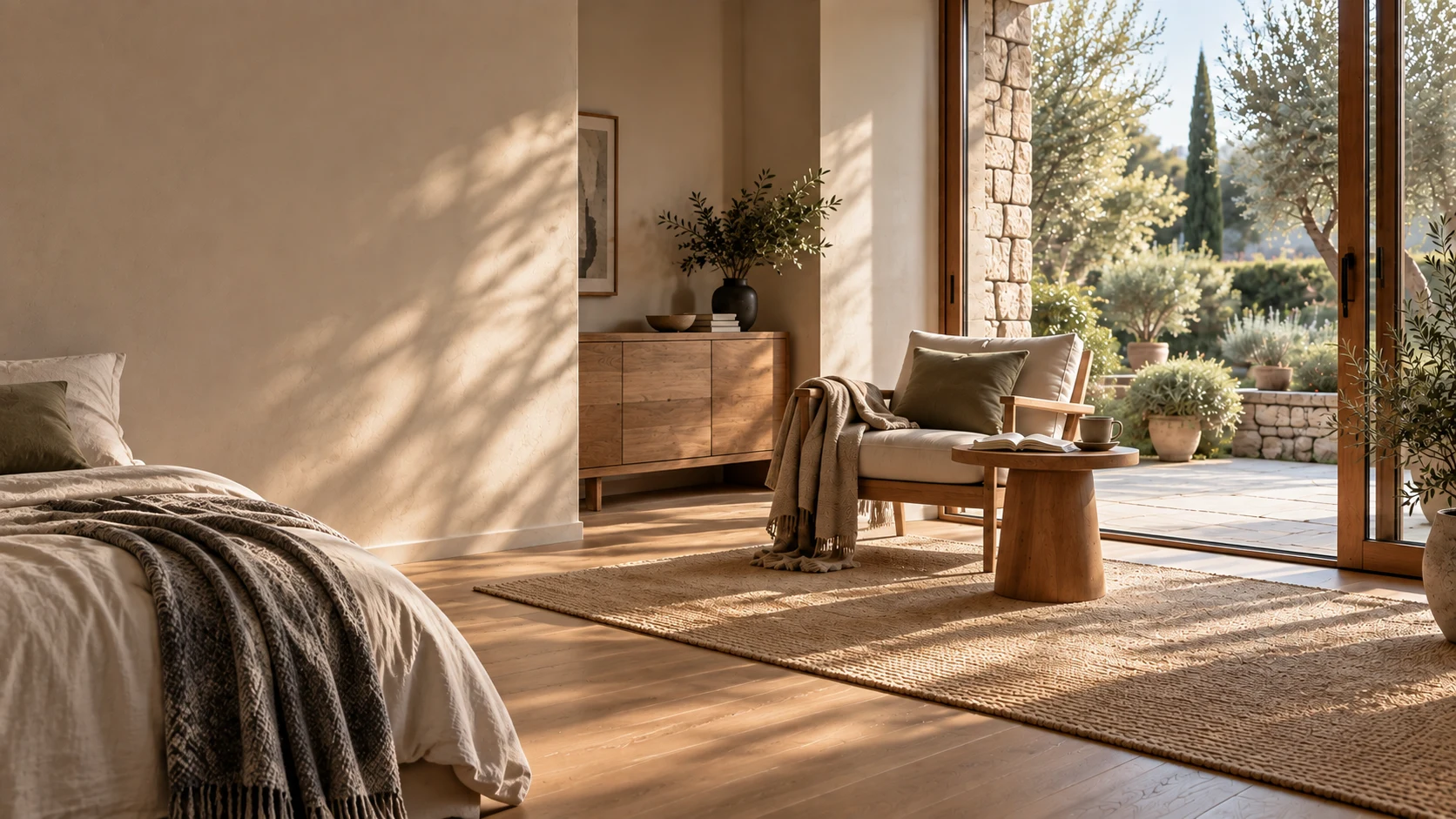 Interno tranquillo con letto parzialmente visibile, poltrona e terrazza aperta sul giardino