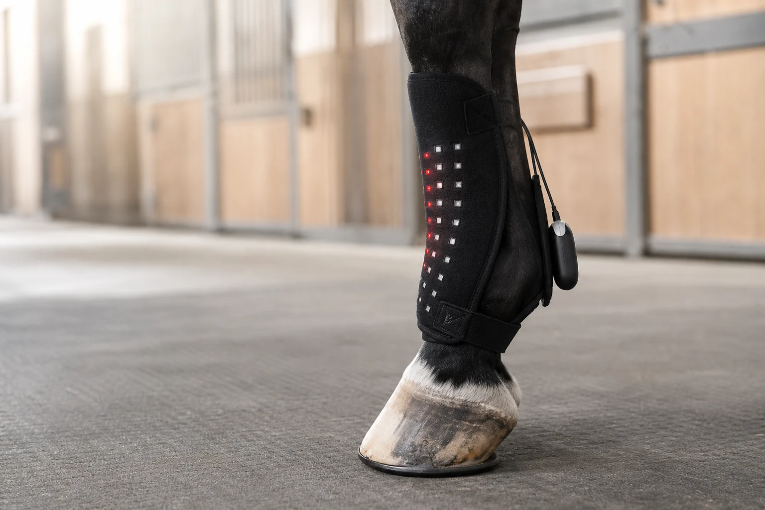 Fascia Pet a luce rossa sulla zampa di un cavallo