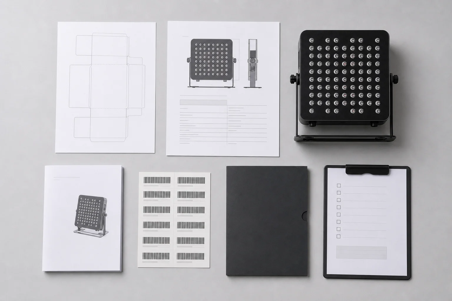 Muestra de panel Array con especificaciones, planos de embalaje y documentos de revisión
